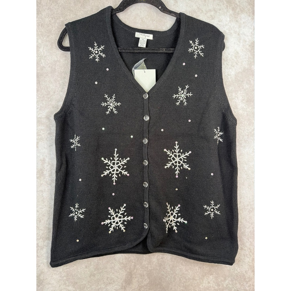 NWT VTG Mercer Street Studio Sweater Vest Women XL Black Snowflake Sequin Button